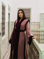 Robe Kaftan Décontractée Bicolore avec Bordure en Velours